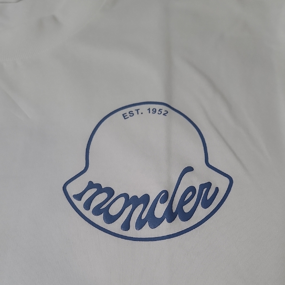 Moncler White Short Sleeve T-Shirt with Blue Logo - Picture 2 of 4